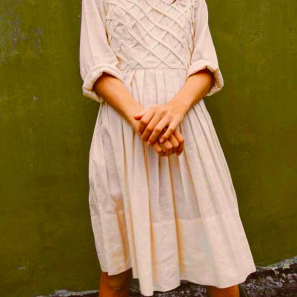 Innika Choo Ramie Linen Pleated Lattice Dress Irish Cream 1 S NWT $328 - Picture 2 of 12